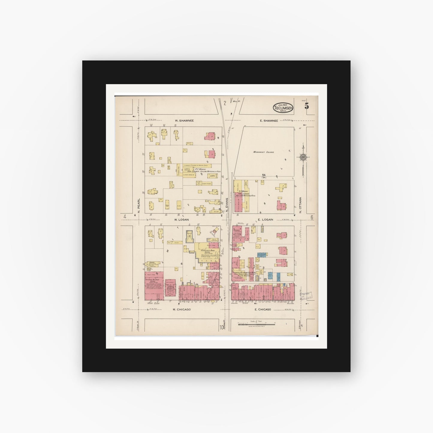 Old map wall art mockup — black gallery frame with white mat — Sanborn Fire Insurance Map from Tecumseh, Lenawee County, Michigan (1922), Sheet #0005