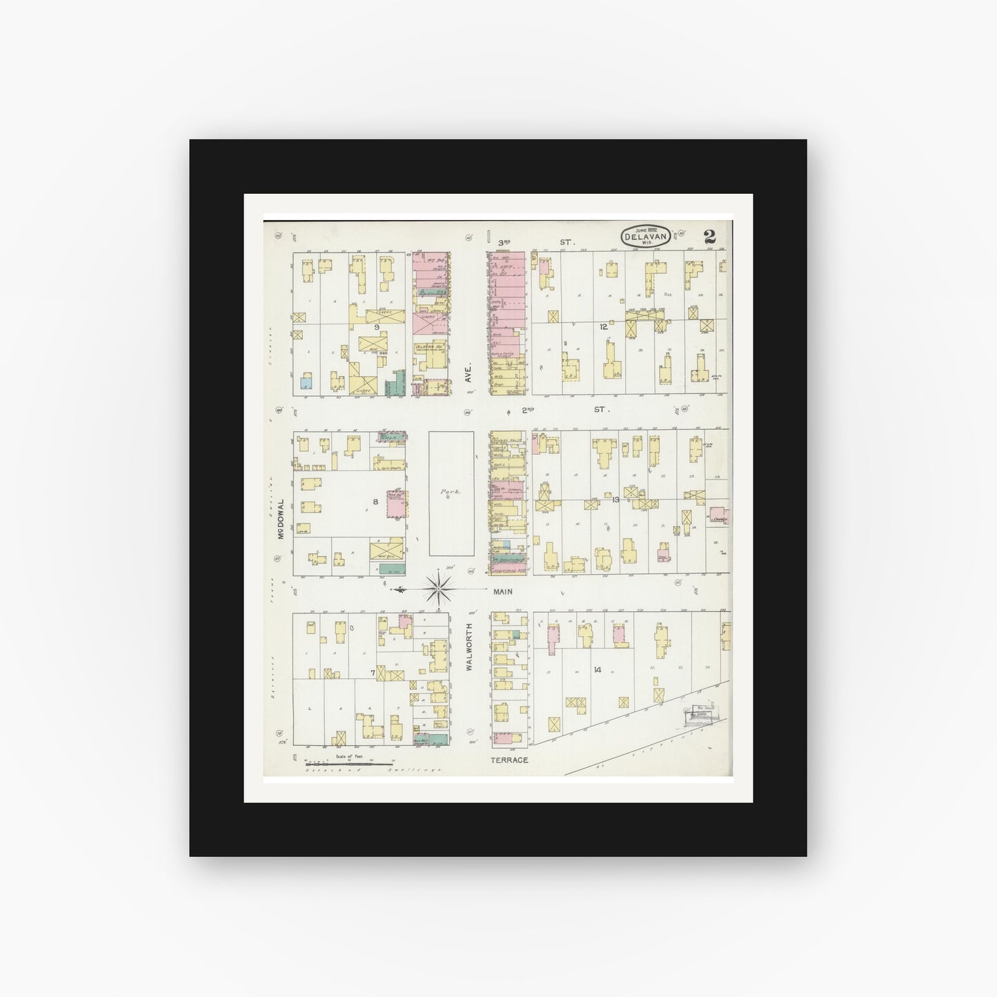 Old map wall art mockup — black gallery frame with white mat — Sanborn Fire Insurance Map from Delavan, Walworth County, Wisconsin (1892), Sheet #0002