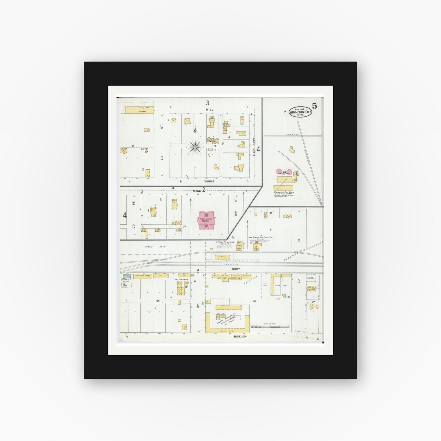 Old map wall art mockup — black gallery frame with white mat — Sanborn Fire Insurance Map from Winnebago, Faribault County, Minnesota (1905), Sheet #0005