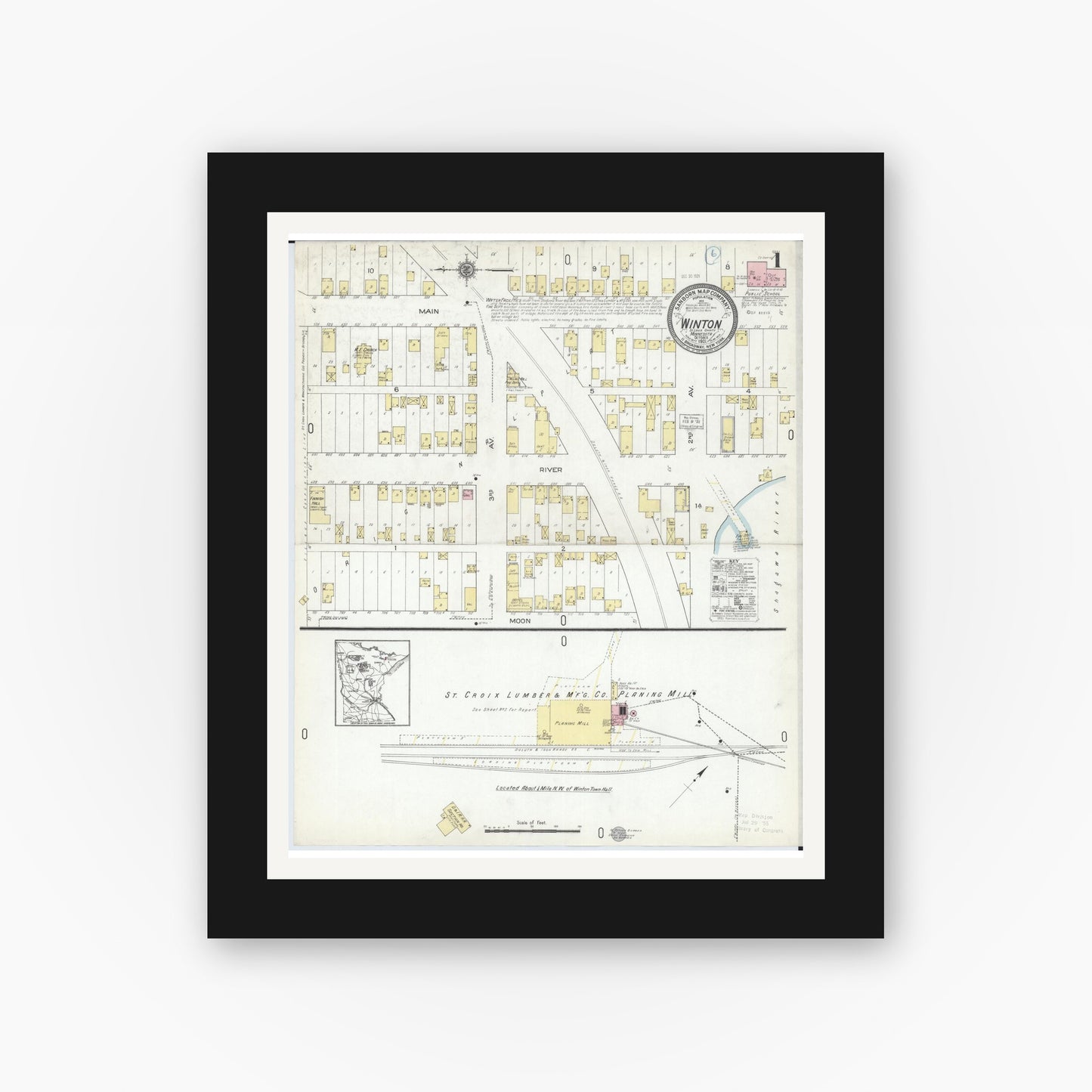 Old map wall art mockup — black gallery frame with white mat — Sanborn Fire Insurance Map from Winton, Saint Louis County, Minnesota (1921) - Complete Map Set