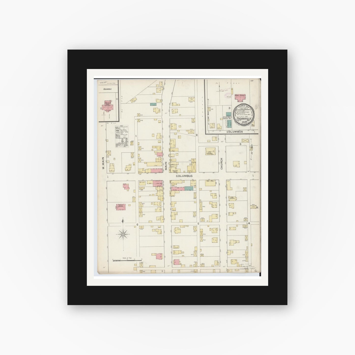 Old map wall art mockup — black gallery frame with white mat — Sanborn Fire Insurance Map from Thornville, Perry County, Ohio (1893), Sheet #0001