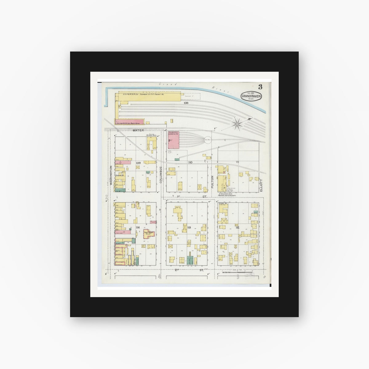 Old map wall art mockup — black gallery frame with white mat — Sanborn Fire Insurance Map from Grand Haven, Ottawa County, Michigan (1892), Sheet #0003