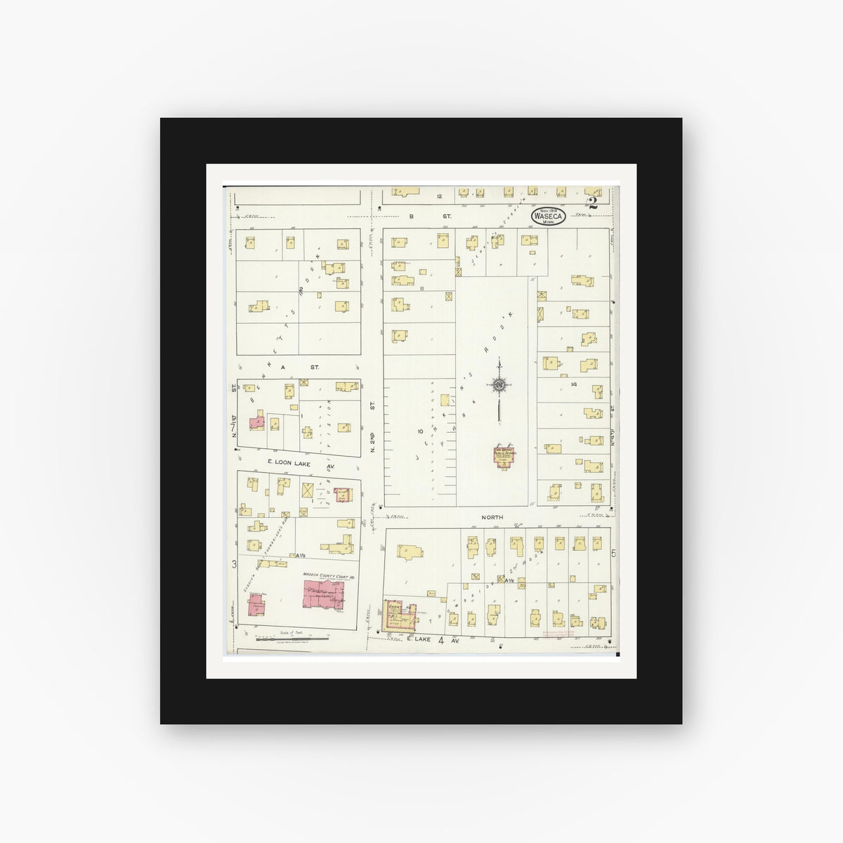 Old map wall art mockup — black gallery frame with white mat — Sanborn Fire Insurance Map from Waseca, Waseca County, Minnesota (1919), Sheet #0002