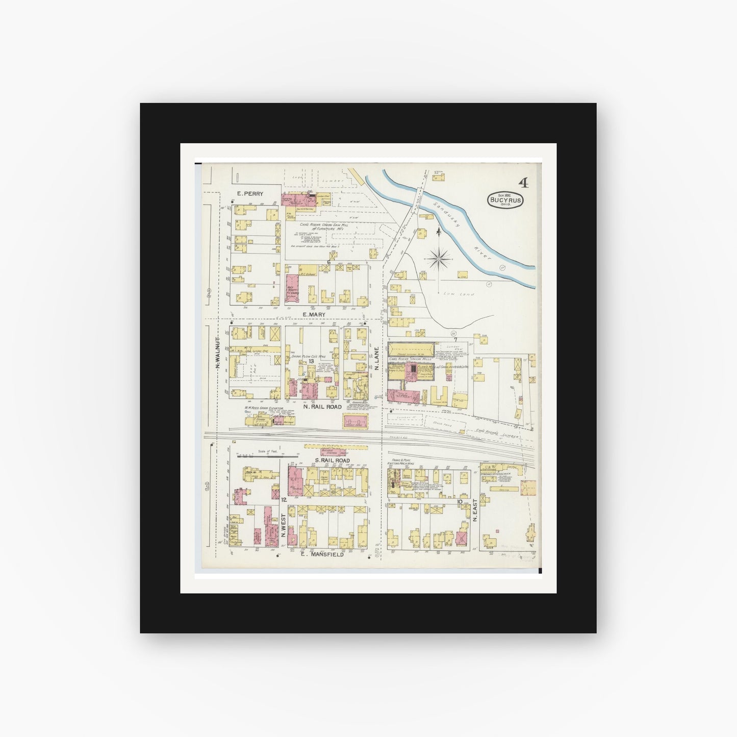 Old map wall art mockup — black gallery frame with white mat — Sanborn Fire Insurance Map from Bucyrus, Crawford County, Ohio (1892), Sheet #0004
