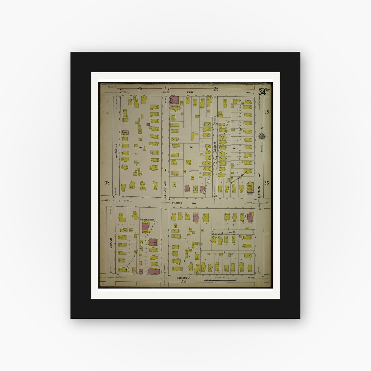 Old map wall art mockup — black gallery frame with white mat — Sanborn Fire Insurance Map from Kenosha, Kenosha County, Wisconsin. (1918), Sheet 38