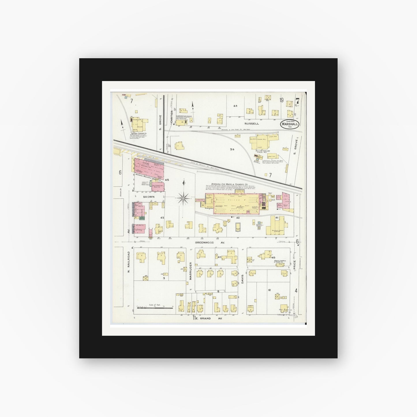 Old map wall art mockup — black gallery frame with white mat — Sanborn Fire Insurance Map from Marshall, Harrison County, Texas (1909), Sheet #0007