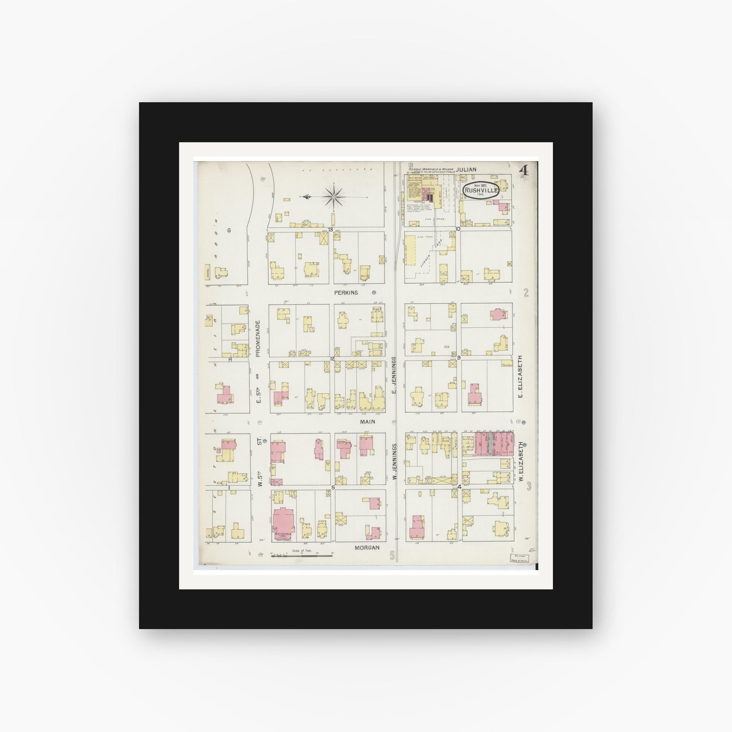 Old map wall art mockup — black gallery frame with white mat — Sanborn Fire Insurance Map from Rushville, Rush County, Indiana (1892), Sheet #0004