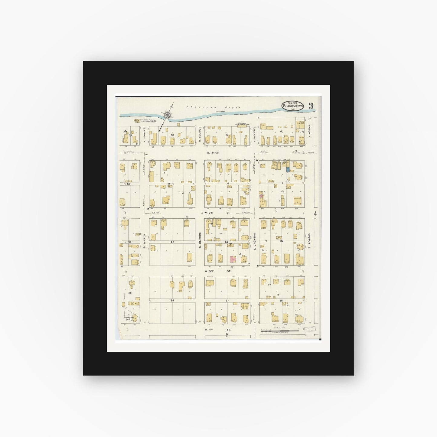 Old map wall art mockup — black gallery frame with white mat — Sanborn Fire Insurance Map from Beardstown, Cass County, Illinois (1919), Sheet #0003