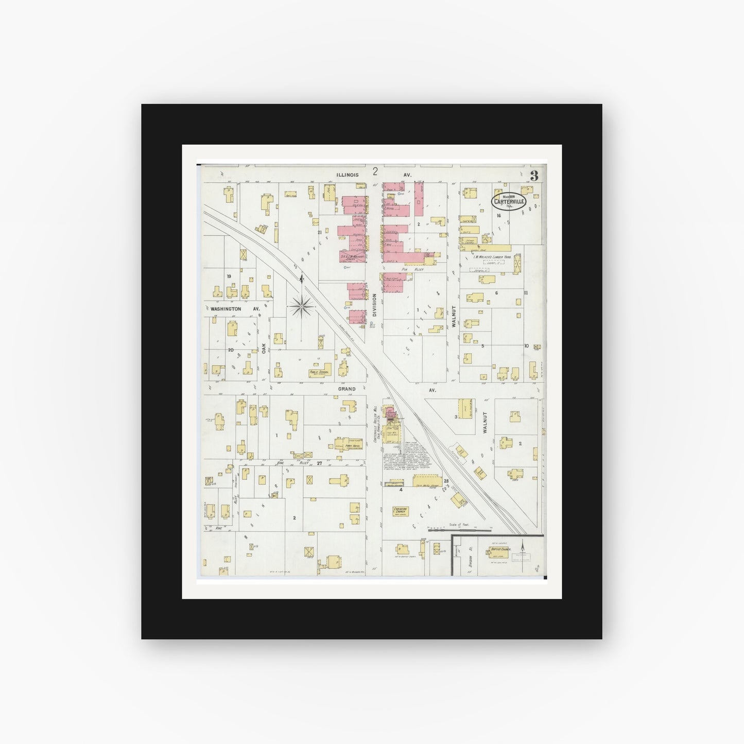 Old map wall art mockup — black gallery frame with white mat — Sanborn Fire Insurance Map from Carterville, Williamson County, Illinois (1899), Sheet #0003