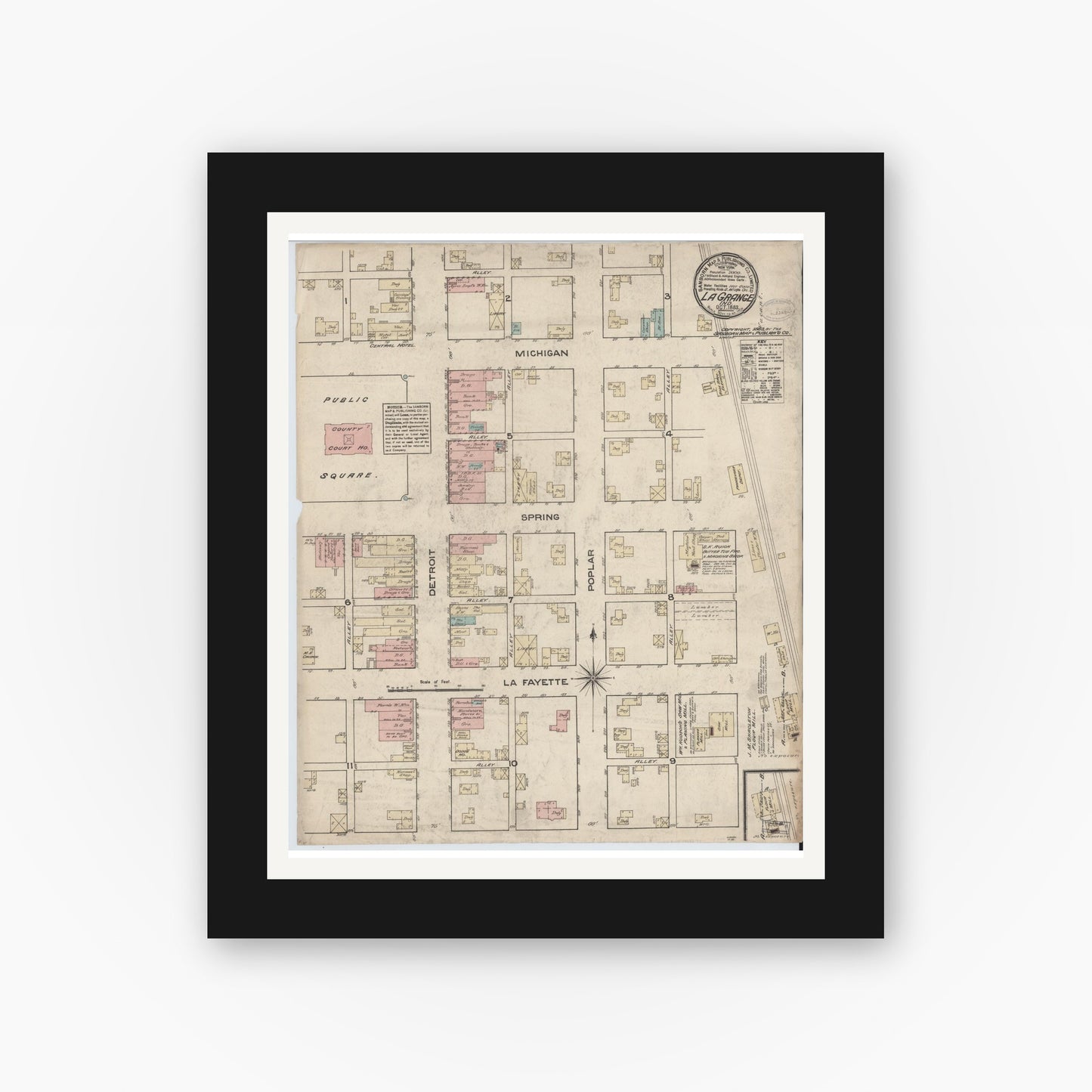 Old map wall art mockup — black gallery frame with white mat — Sanborn Fire Insurance Map from Lagrange, LaGrange County, Indiana (1883), Sheet #0001