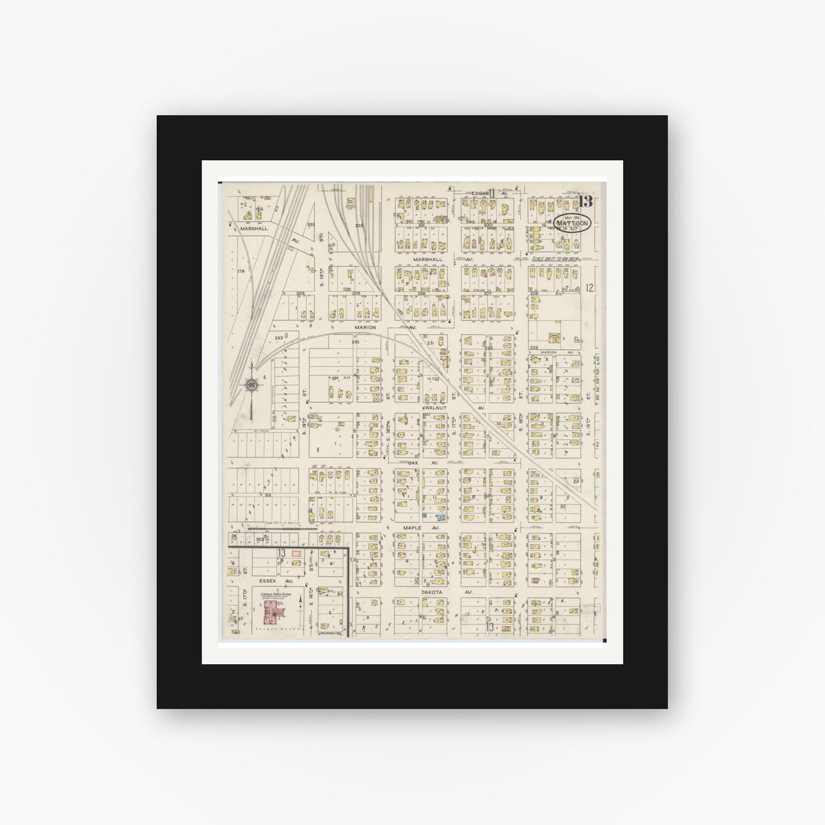 Old map wall art mockup — black gallery frame with white mat — Sanborn Fire Insurance Map from Mattoon, Coles County, Illinois (1915), Sheet #0013