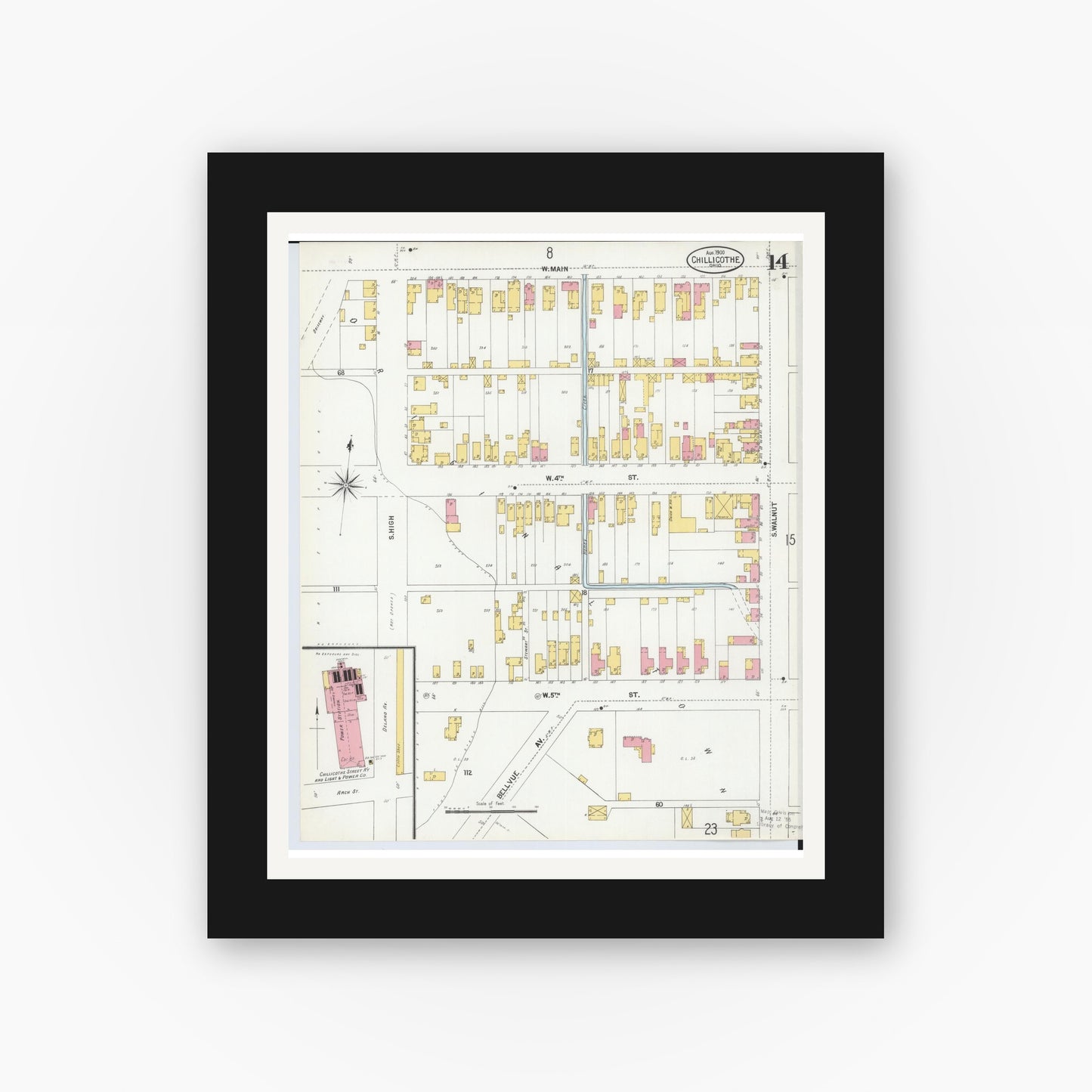 Old map wall art mockup — black gallery frame with white mat — Sanborn Fire Insurance Map from Chillicothe, Ross County, Ohio (1900), Sheet #0014