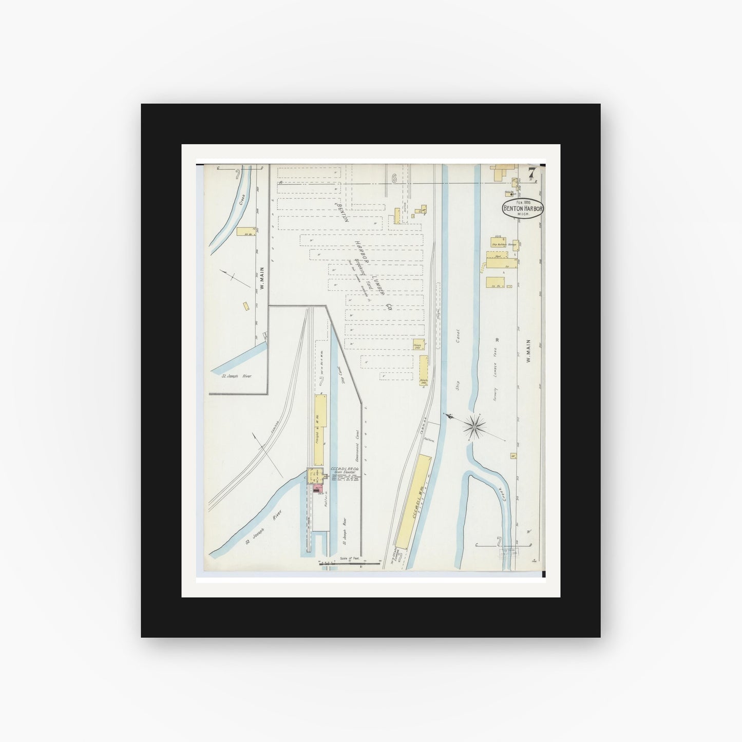 Old map wall art mockup — black gallery frame with white mat — Sanborn Fire Insurance Map from Benton Harbor, Berrien County, Michigan (1895), Sheet #0007