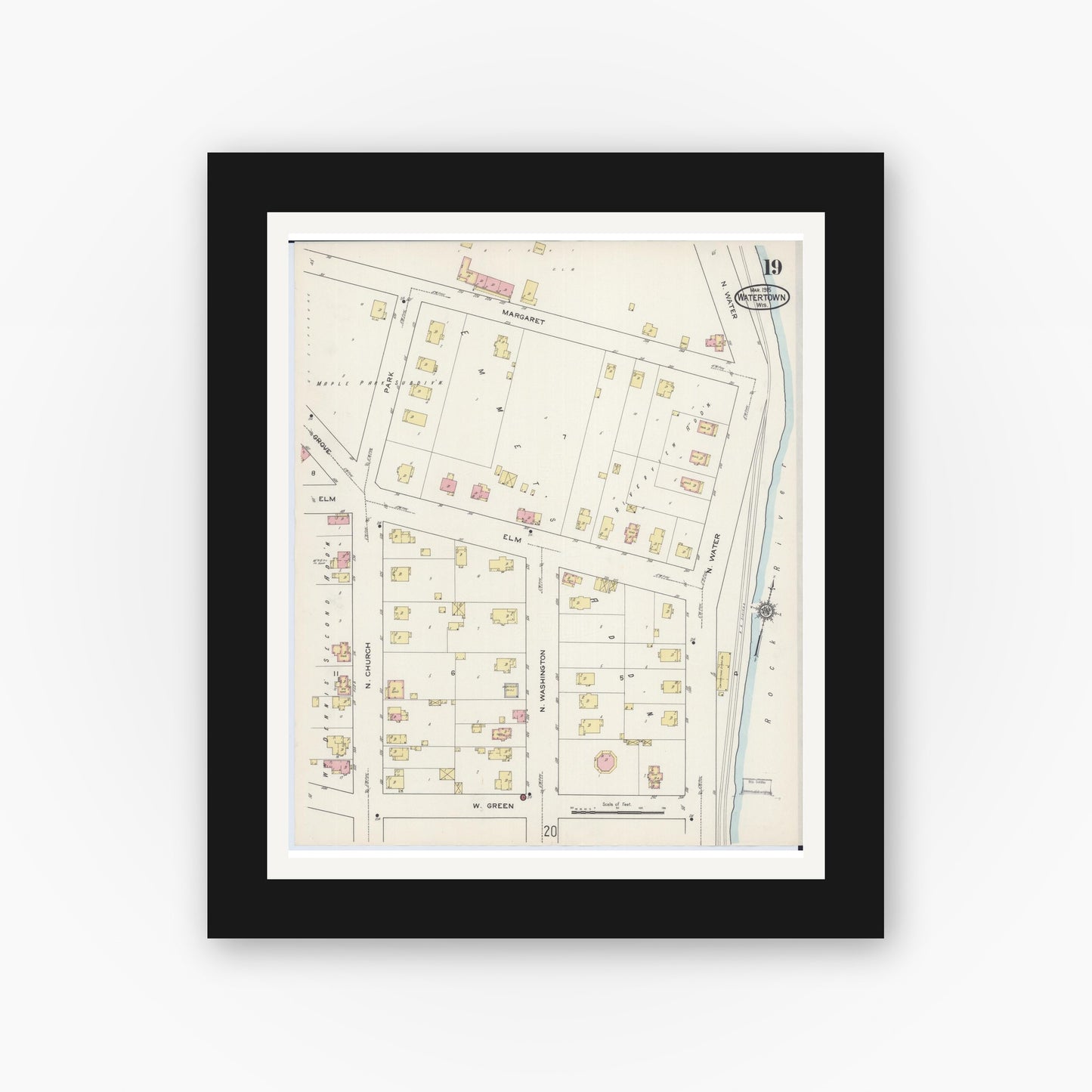Old map wall art mockup — black gallery frame with white mat — Sanborn Fire Insurance Map from Watertown, Jefferson County, Wisconsin (1915), Sheet #0020