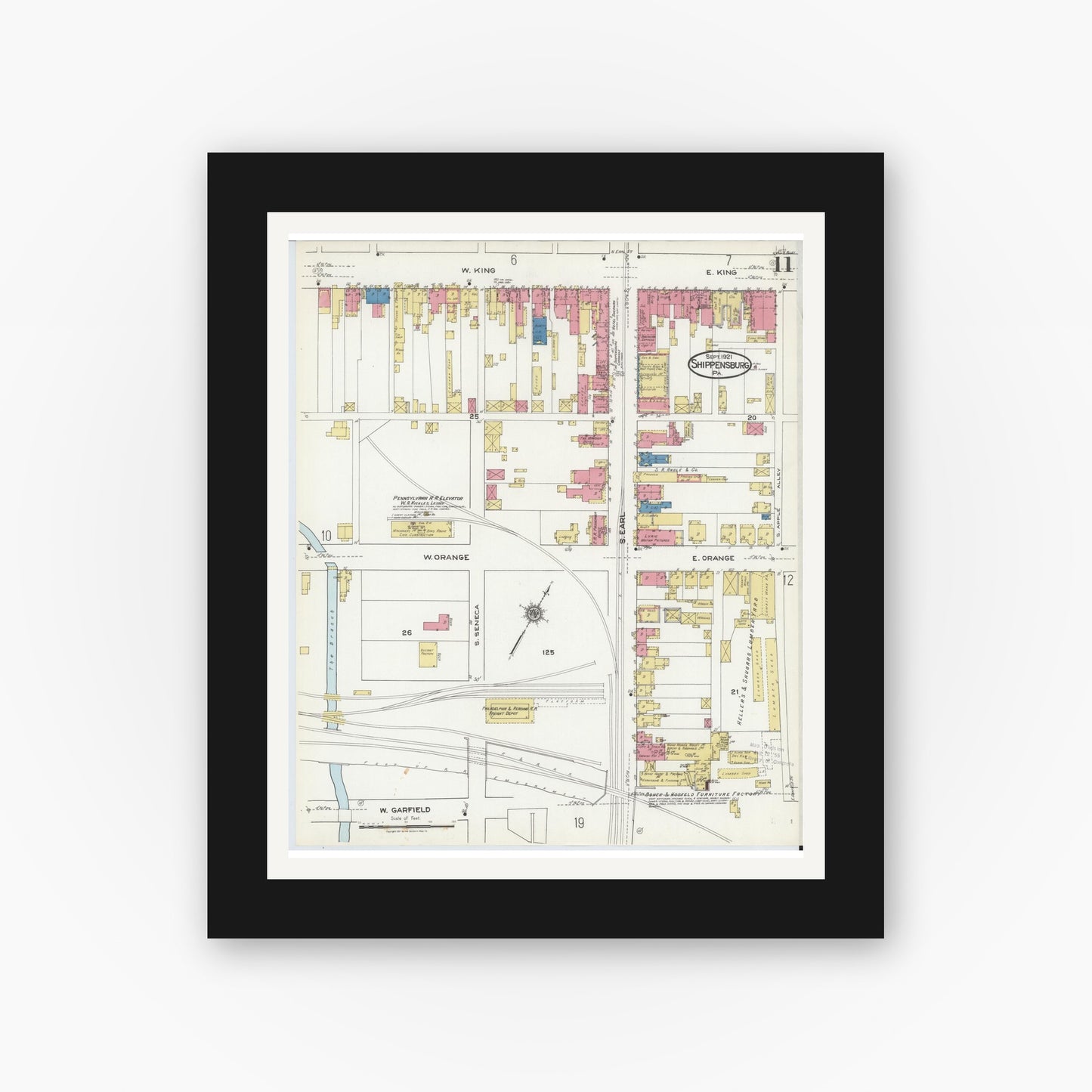 Old map wall art mockup — black gallery frame with white mat — Sanborn Fire Insurance Map from Shippensburg, Cumberland And Franklin Counties, Pennsylvania (1921), Sheet #0011