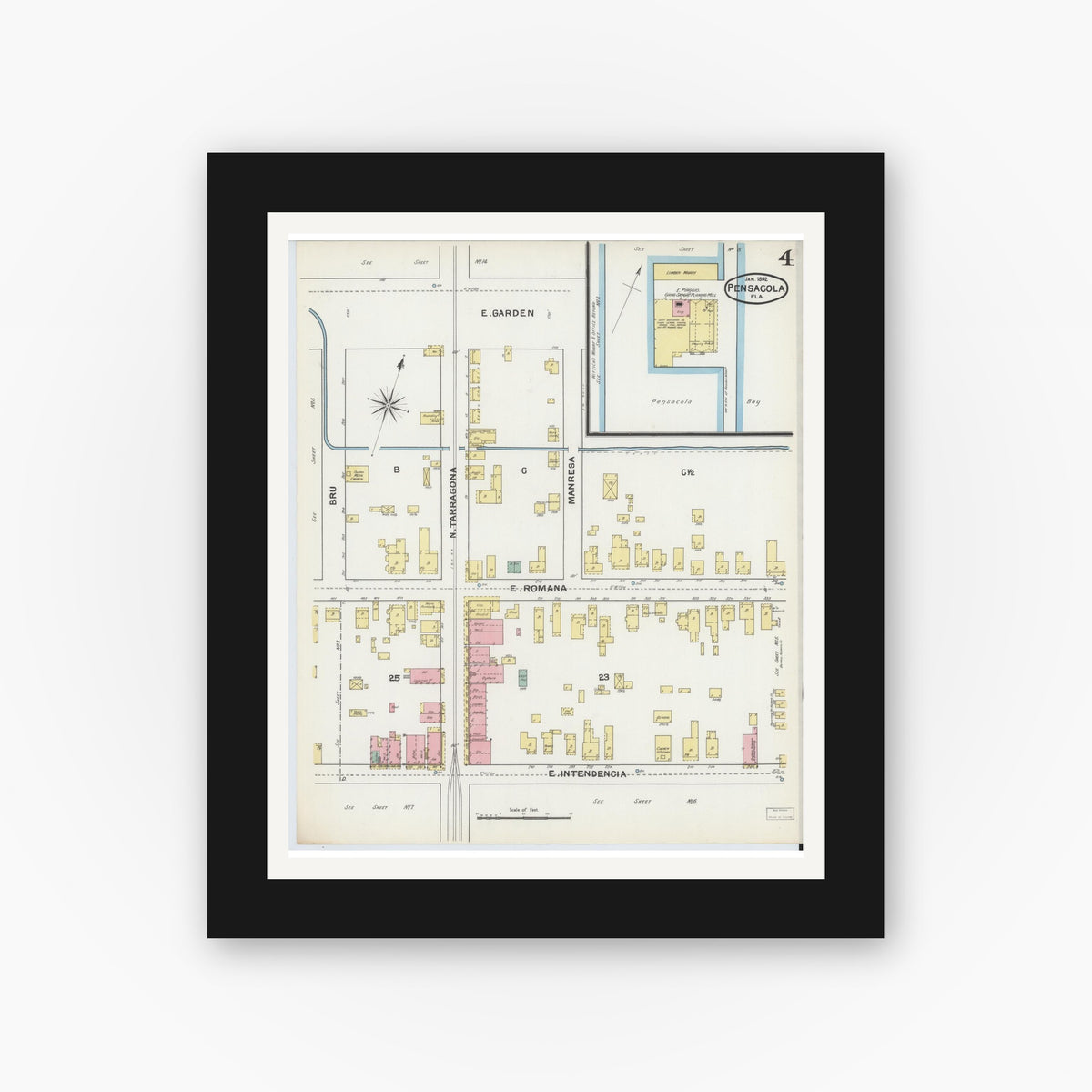 Old map wall art mockup — black gallery frame with white mat — Sanborn Fire Insurance Map from Pensacola, Escambia County, Florida (1892), Sheet #0004