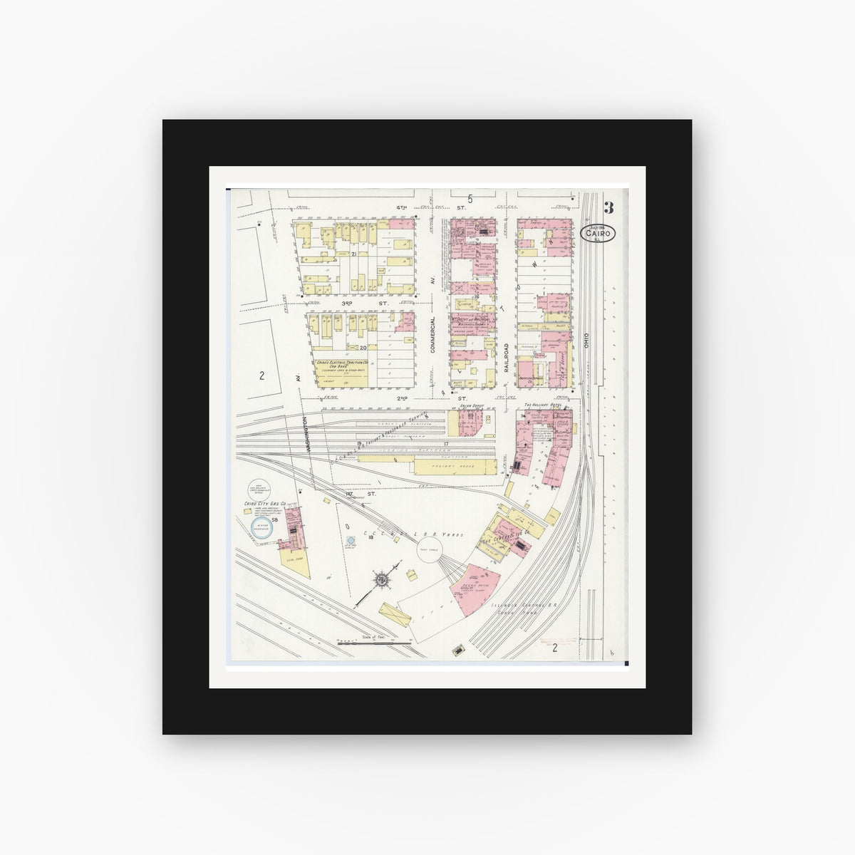Old map wall art mockup — black gallery frame with white mat — Sanborn Fire Insurance Map from Cairo, Alexander County, Illinois (1914), Sheet #0003