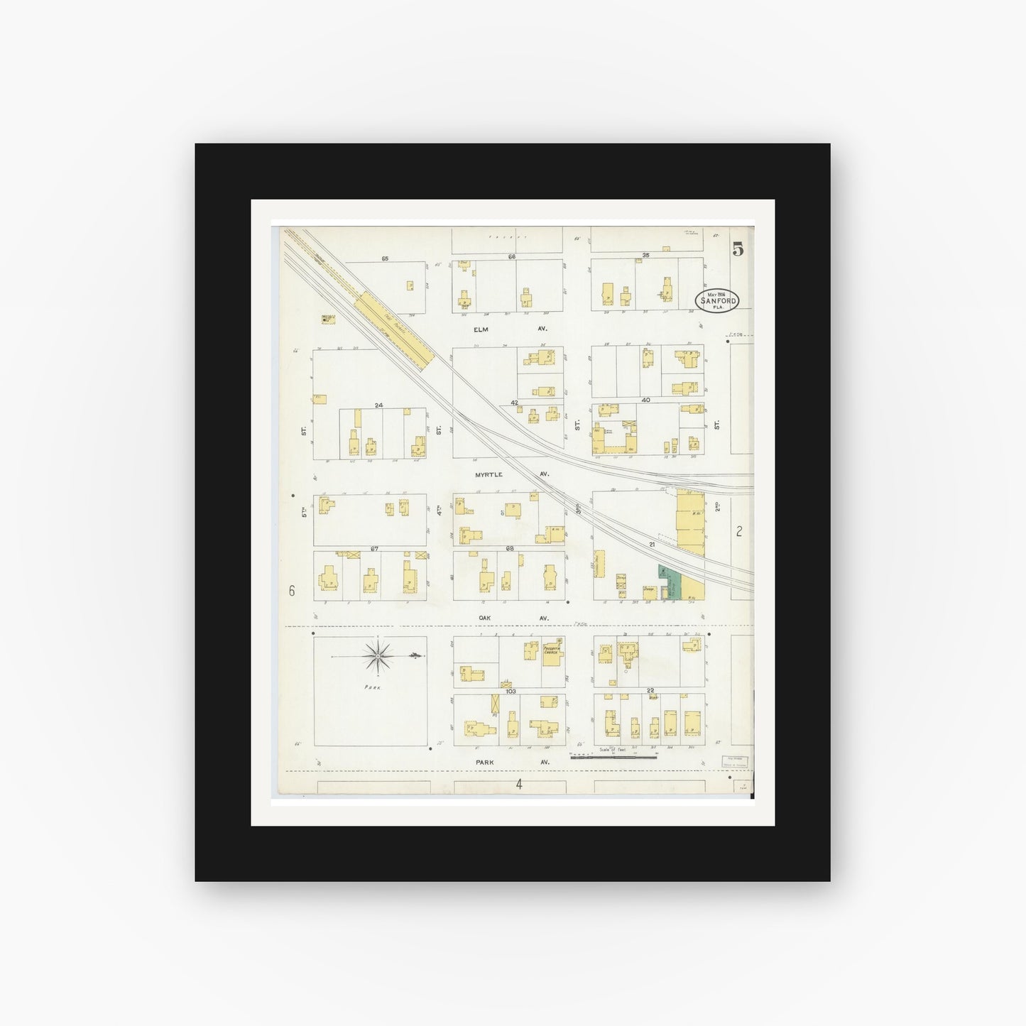 Old map wall art mockup — black gallery frame with white mat — Sanborn Fire Insurance Map from Sanford, Seminole County, Florida (1906), Sheet #0005