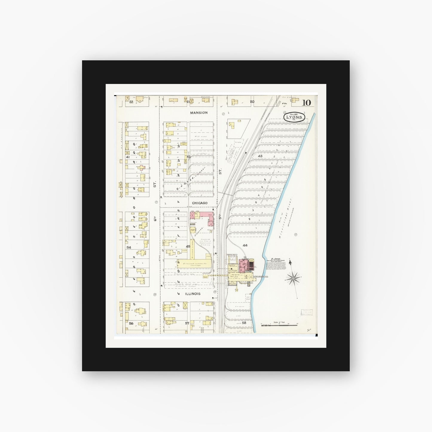 Old map wall art mockup — black gallery frame with white mat — Sanborn Fire Insurance Map from Lyons, Clinton County, Iowa (1892), Sheet #0010