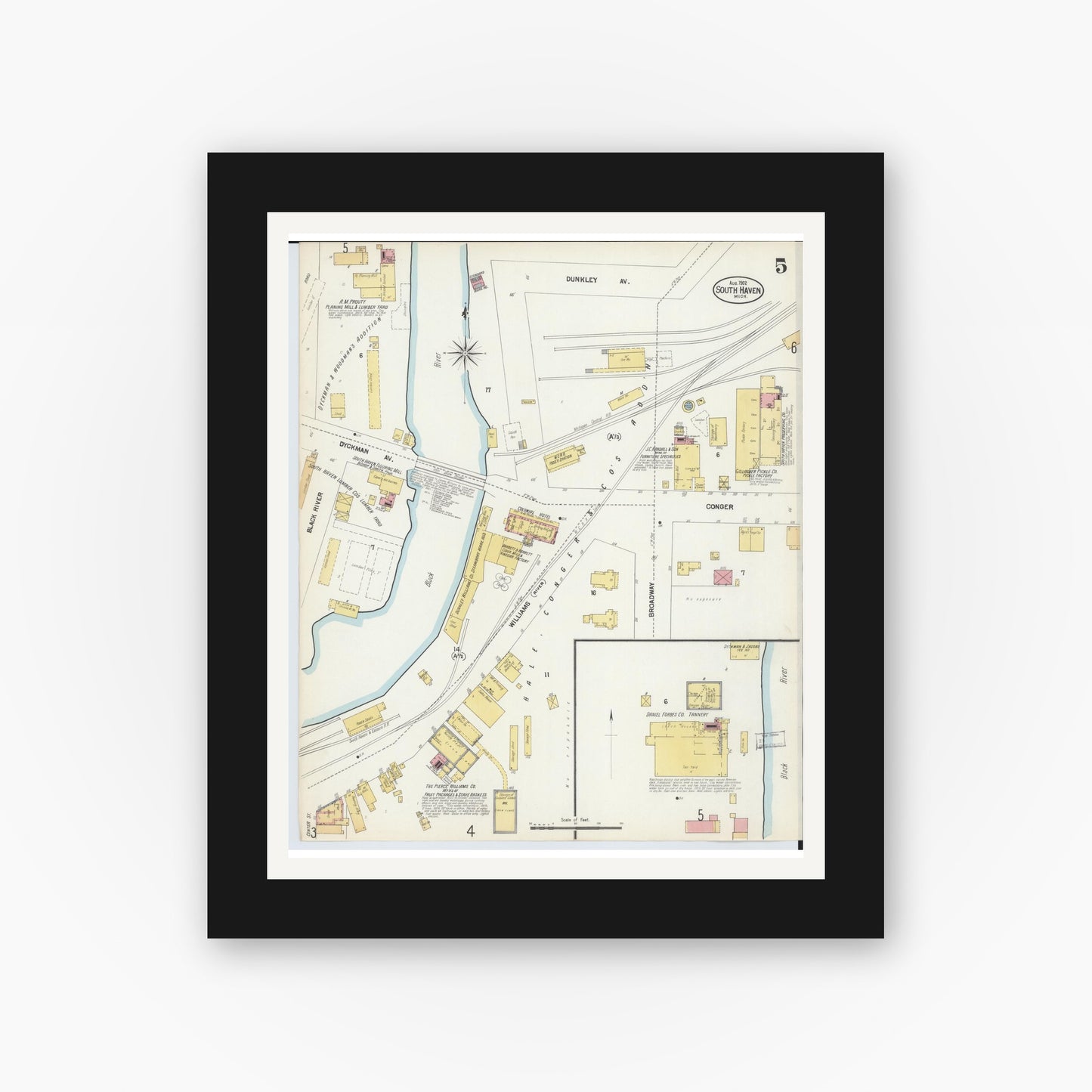 Old map wall art mockup — black gallery frame with white mat — Sanborn Fire Insurance Map from South Haven, Van Buren County, Michigan (1902), Sheet #0005