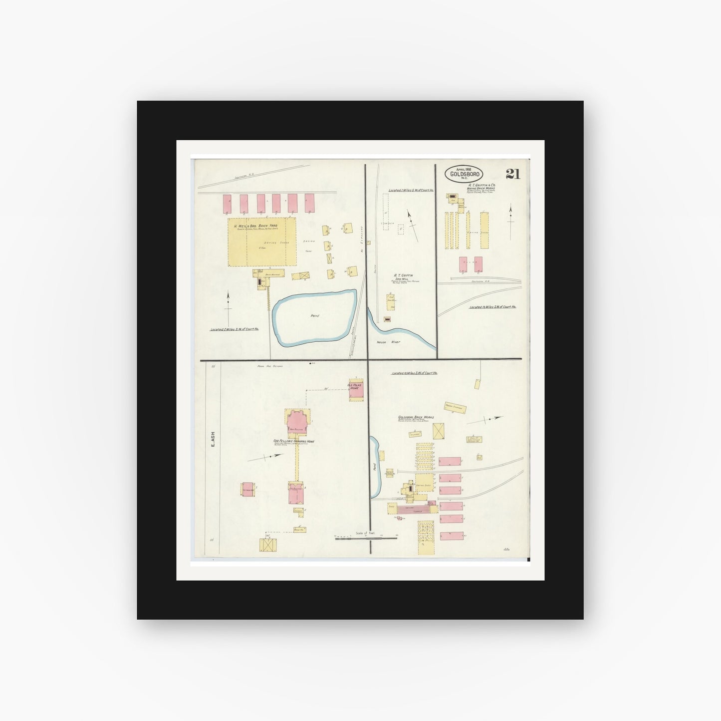 Old map wall art mockup — black gallery frame with white mat — Sanborn Fire Insurance Map from Goldsboro, Wayne County, North Carolina (1908), Sheet #0021