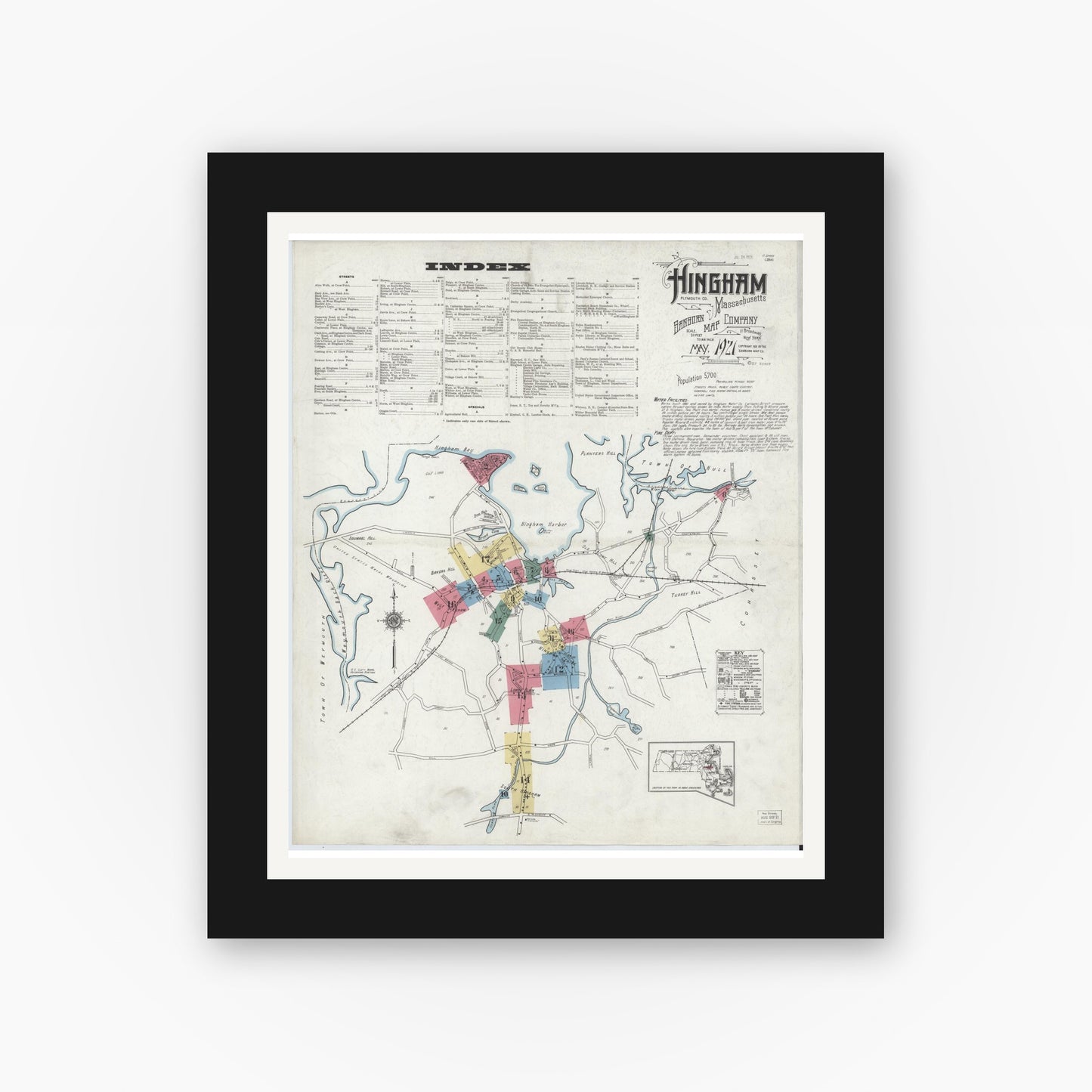 Old map wall art mockup — black gallery frame with white mat — Sanborn Fire Insurance Map from Hingham, Plymouth County, Massachusetts (1921) - Complete Map Set