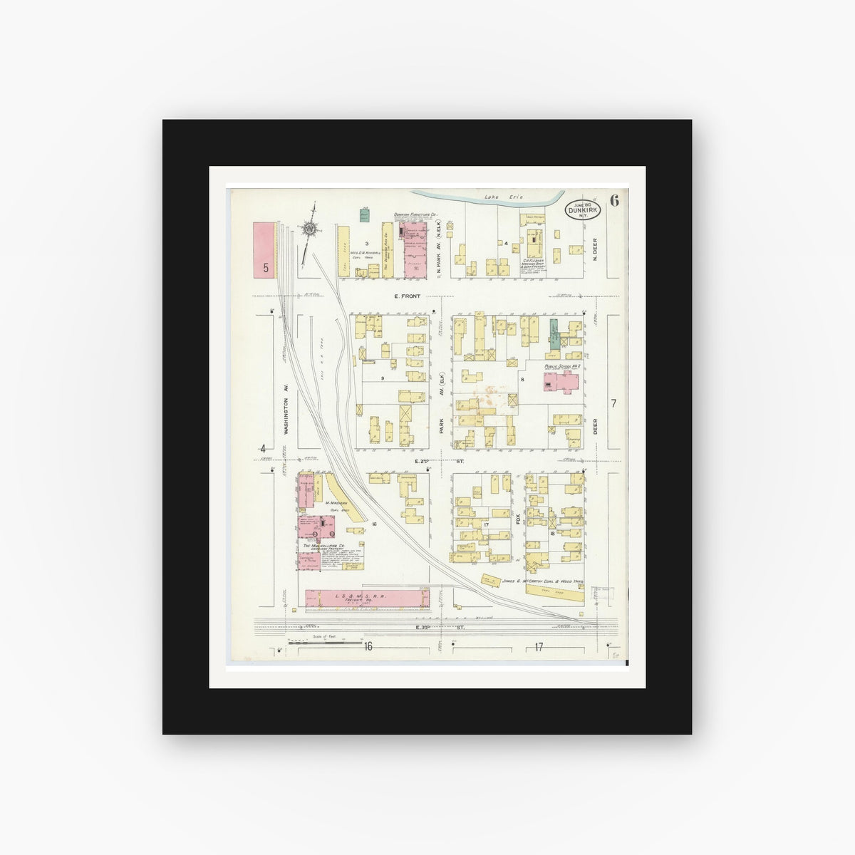 Old map wall art mockup — black gallery frame with white mat — Sanborn Fire Insurance Map from Dunkirk, Chautauqua County, New York (1910), Sheet #0006