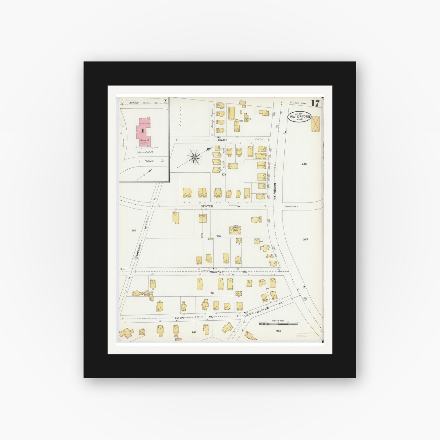 Old map wall art mockup — black gallery frame with white mat — Sanborn Fire Insurance Map from Watertown, Middlesex County, Massachusetts (1904), Sheet #0017