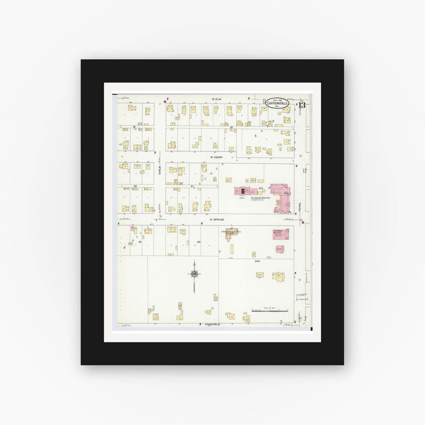 Old map wall art mockup — black gallery frame with white mat — Sanborn Fire Insurance Map from Chippewa Falls, Chippewa County, Wisconsin (1910), Sheet #0013