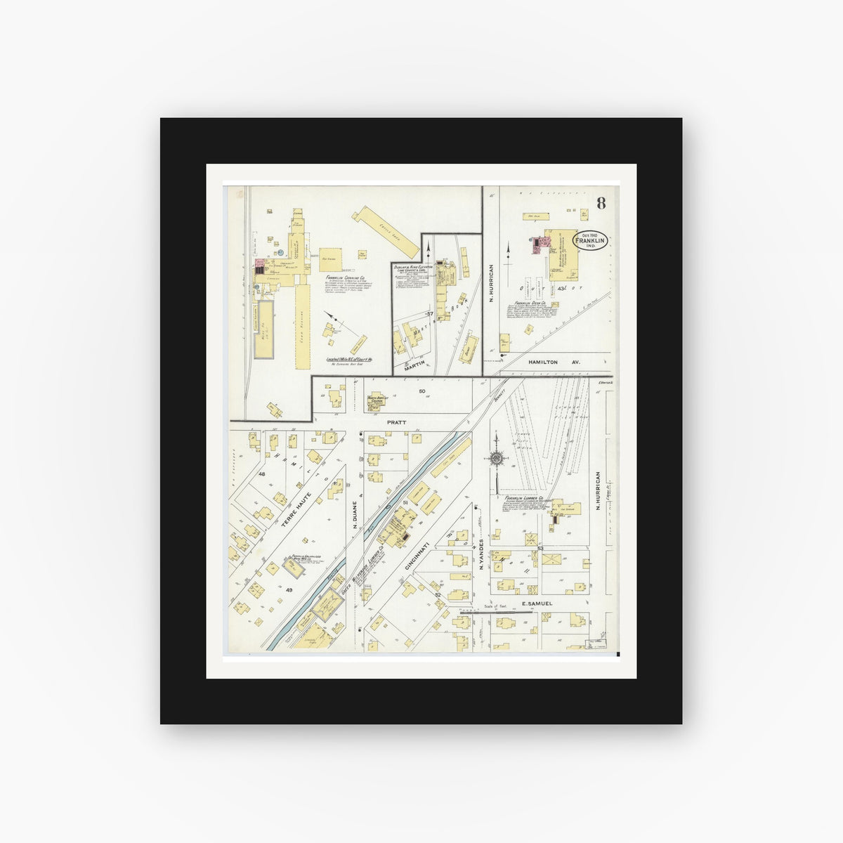 Old map wall art mockup — black gallery frame with white mat — Sanborn Fire Insurance Map from Franklin, Johnson County, Indiana (1910), Sheet #0008