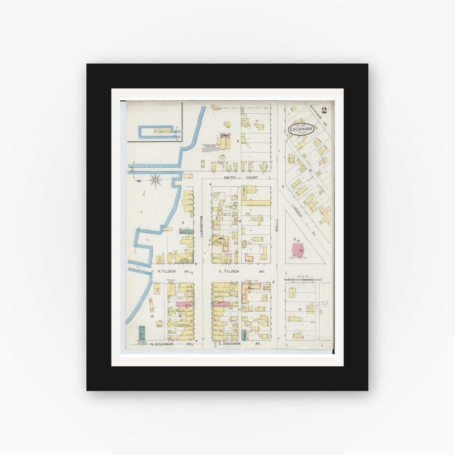 Old map wall art mockup — black gallery frame with white mat — Sanborn Fire Insurance Map from Escanaba, Delta County, Michigan (1893), Sheet #0002