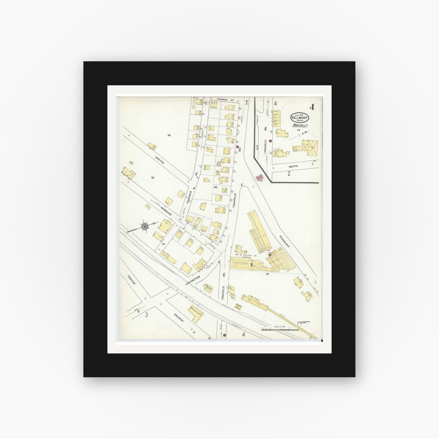 Old map wall art mockup — black gallery frame with white mat — Sanborn Fire Insurance Map from Belmont, Middlesex County, Massachusetts (1910), Sheet #0004