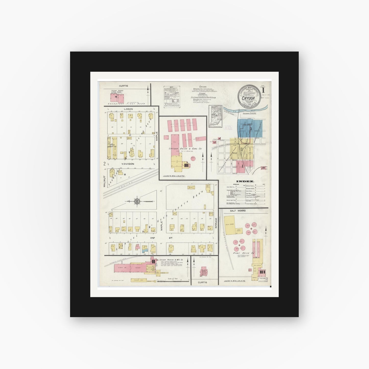 Old map wall art mockup — black gallery frame with white mat — Sanborn Fire Insurance Map from Cayuga, Vermillion County, Indiana (1913) - Complete Map Set
