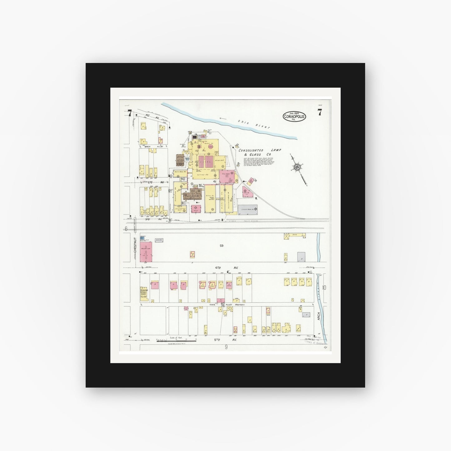 Old map wall art mockup — black gallery frame with white mat — Sanborn Fire Insurance Map from Coraopolis, Allegheny County, Pennsylvania (1924), Sheet #0007