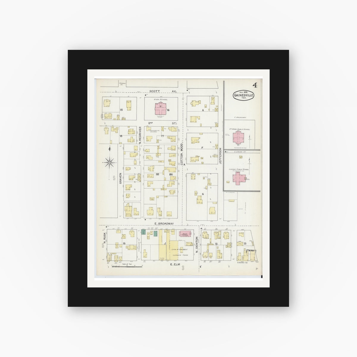 Old map wall art mockup — black gallery frame with white mat — Sanborn Fire Insurance Map from Gainesville, Cooke County, Texas (1892), Sheet #0004