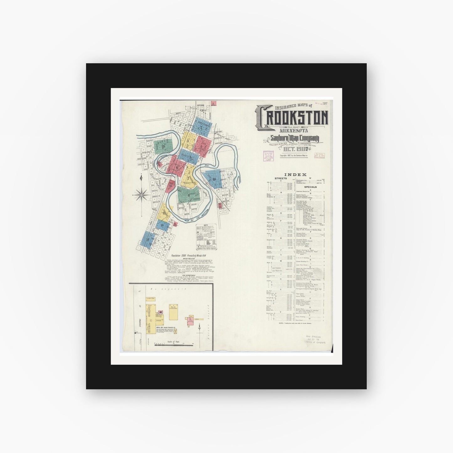 Old map wall art mockup — black gallery frame with white mat — Sanborn Fire Insurance Map from Crookston, Polk County, Minnesota (1906), Sheet #0001