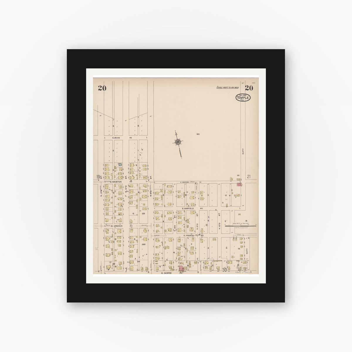 Old map wall art mockup — black gallery frame with white mat — Sanborn Fire Insurance Map from Temple, Bell County, Texas (1922), Sheet #0020