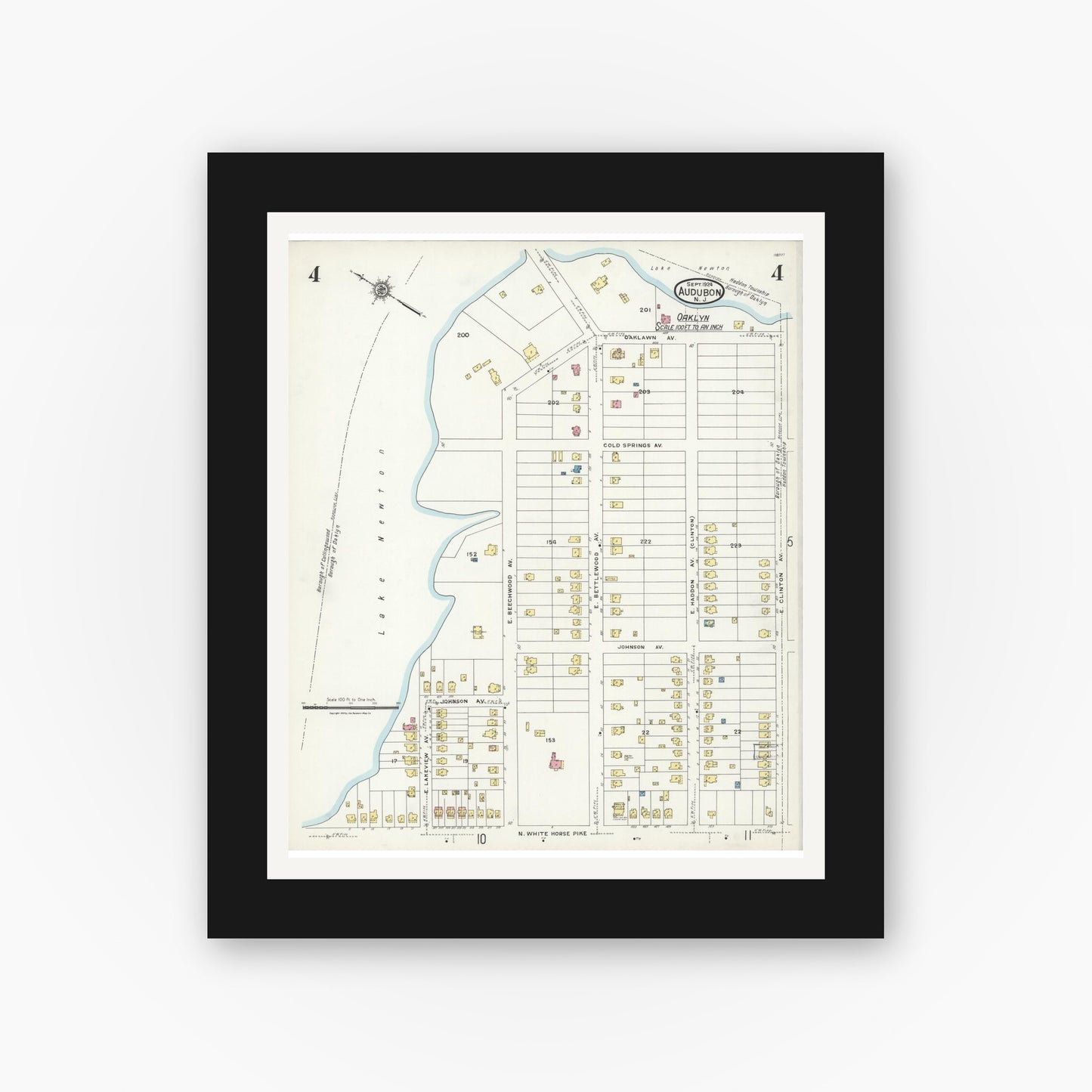 Old map wall art mockup — black gallery frame with white mat — Sanborn Fire Insurance Map from Audubon, Camden County, New Jersey (1924), Sheet #0004
