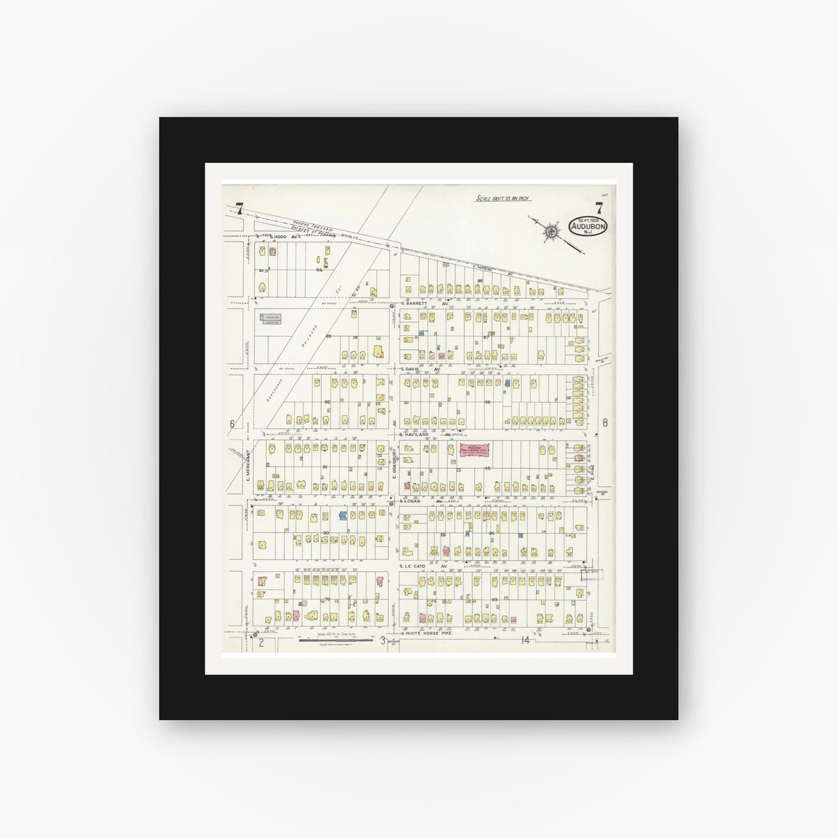Old map wall art mockup — black gallery frame with white mat — Sanborn Fire Insurance Map from Audubon, Camden County, New Jersey (1924), Sheet #0007