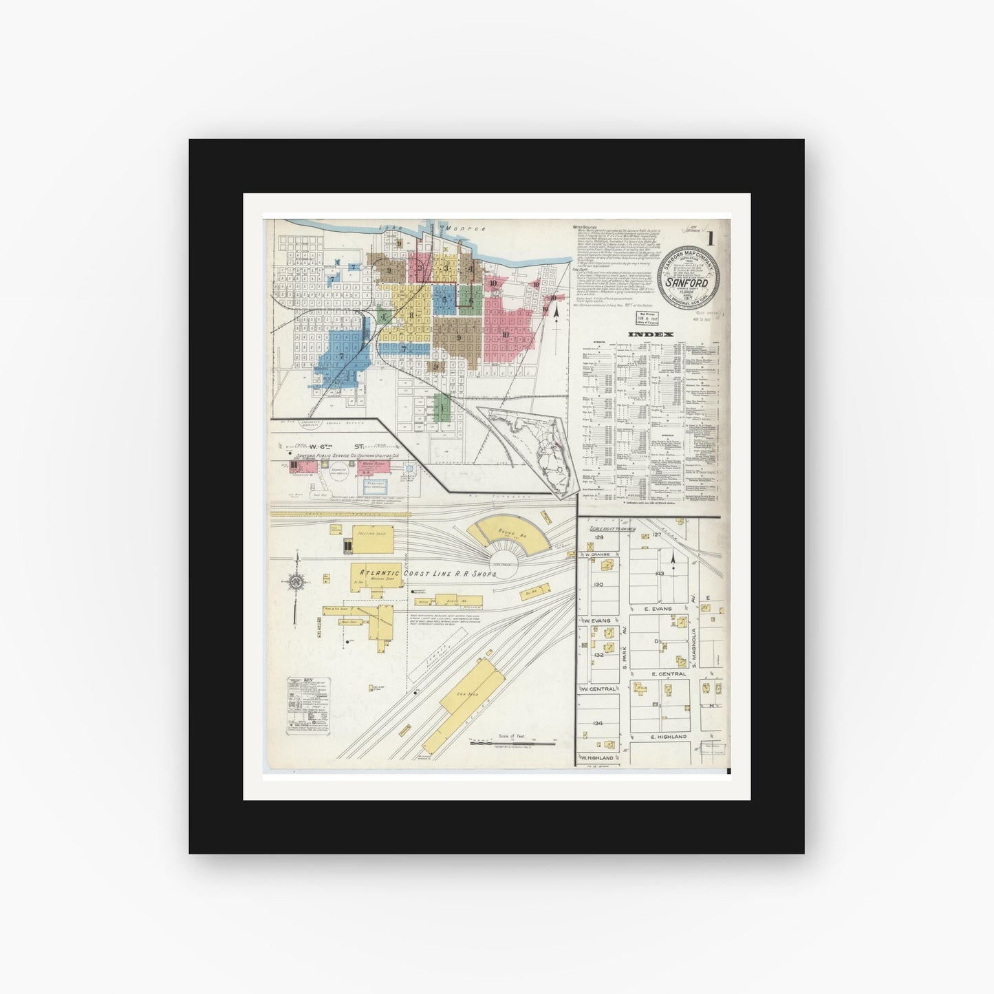 Old map wall art mockup — black gallery frame with white mat — Sanborn Fire Insurance Map from Sanford, Seminole County, Florida (1917) - Complete Map Set