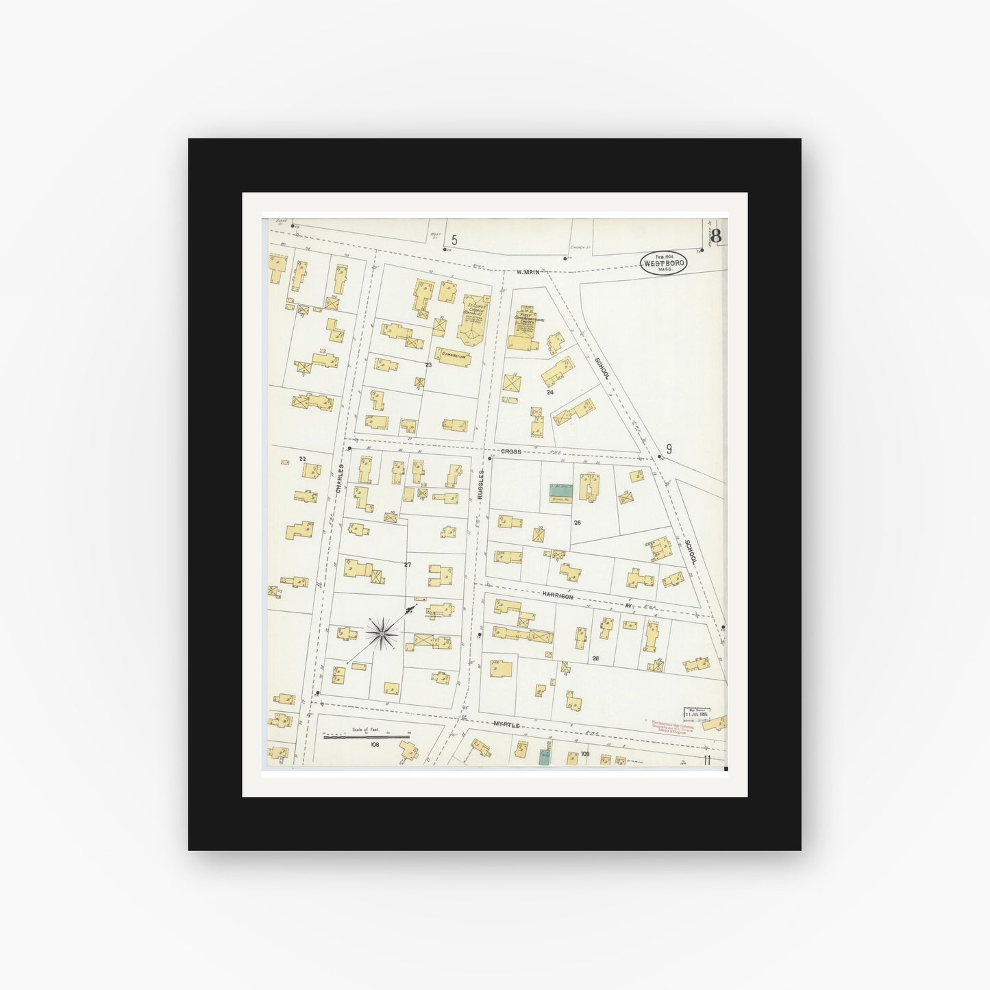 Old map wall art mockup — black gallery frame with white mat — Sanborn Fire Insurance Map from Westboro, Worcester County, Massachusetts (1904), Sheet #0008