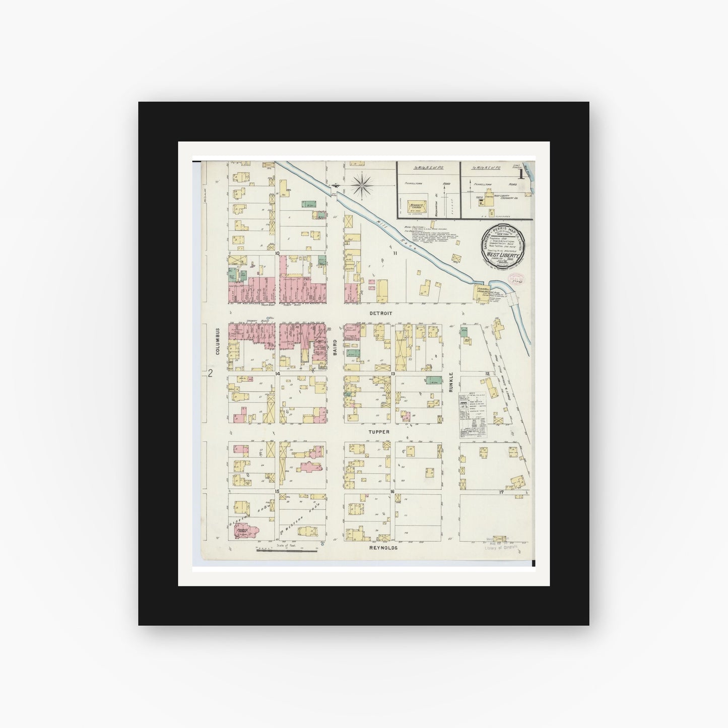 Old map wall art mockup — black gallery frame with white mat — Sanborn Fire Insurance Map from West Liberty, Logan County, Ohio (1896) - Complete Map Set