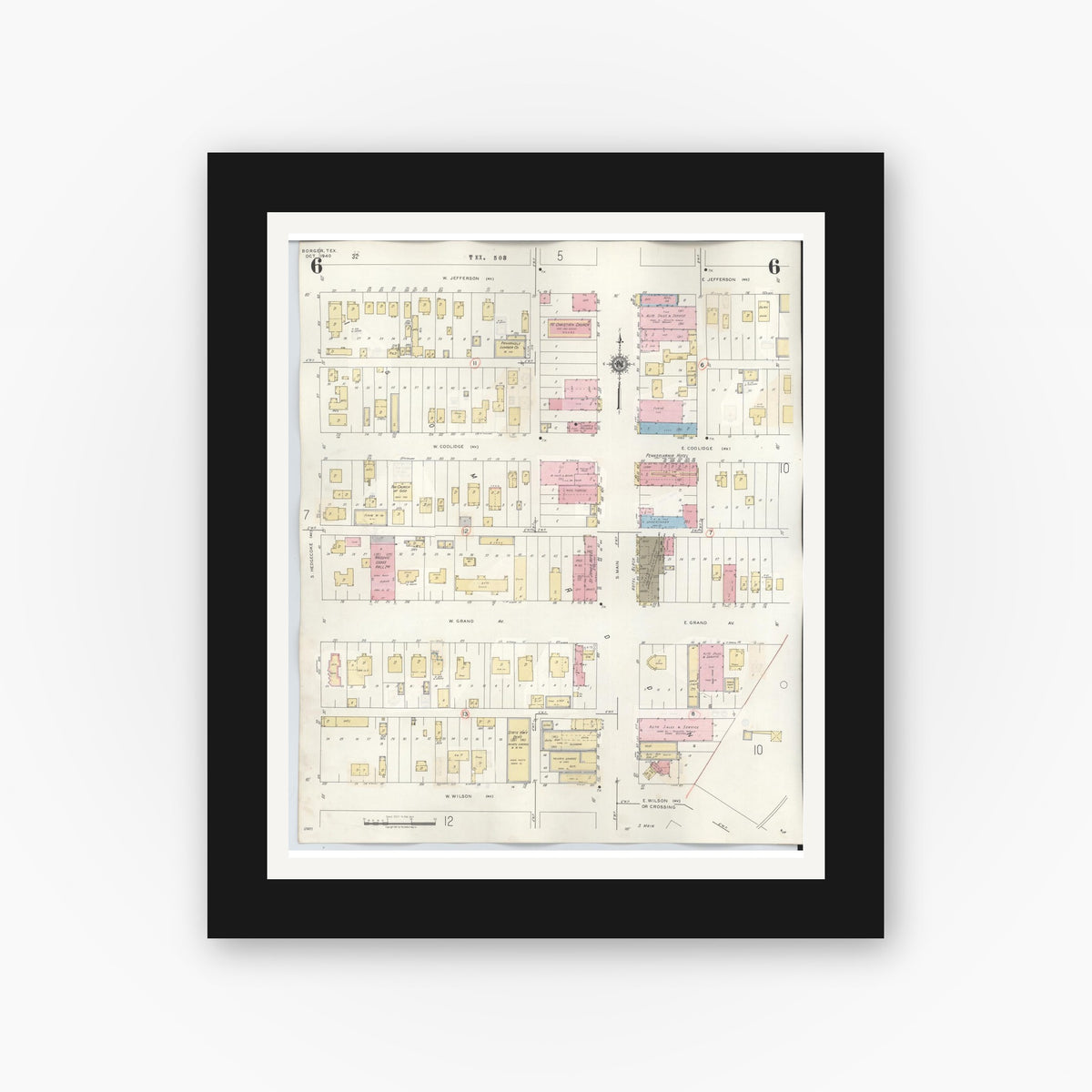 Old map wall art mockup — black gallery frame with white mat — Sanborn Fire Insurance Map from Borger, Hutchinson County, Texas (1950), Sheet #0006
