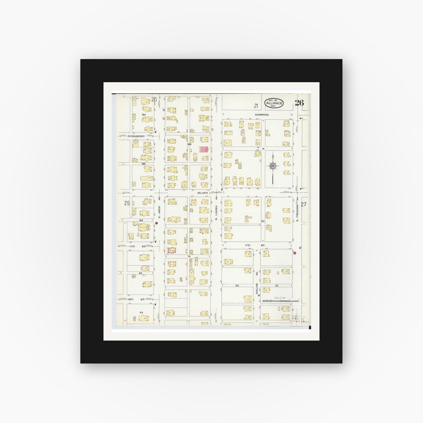 Old map wall art mockup — black gallery frame with white mat — Sanborn Fire Insurance Map from Alliance, Stark County, Ohio (1911), Sheet #0026