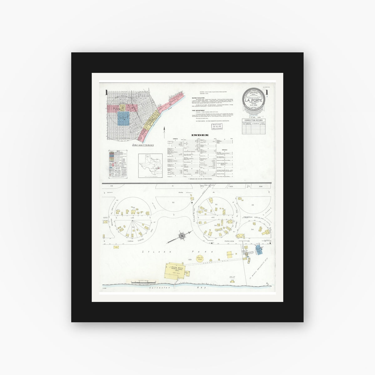 Old map wall art mockup — black gallery frame with white mat — Sanborn Fire Insurance Map from La Porte, Harris County, Texas (1939), Sheet #0001