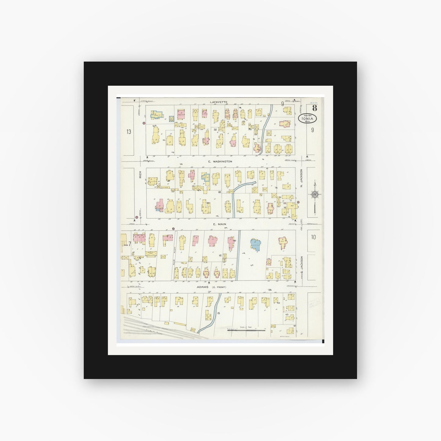 Old map wall art mockup — black gallery frame with white mat — Sanborn Fire Insurance Map from Ionia, Ionia County, Michigan (1914), Sheet #0008