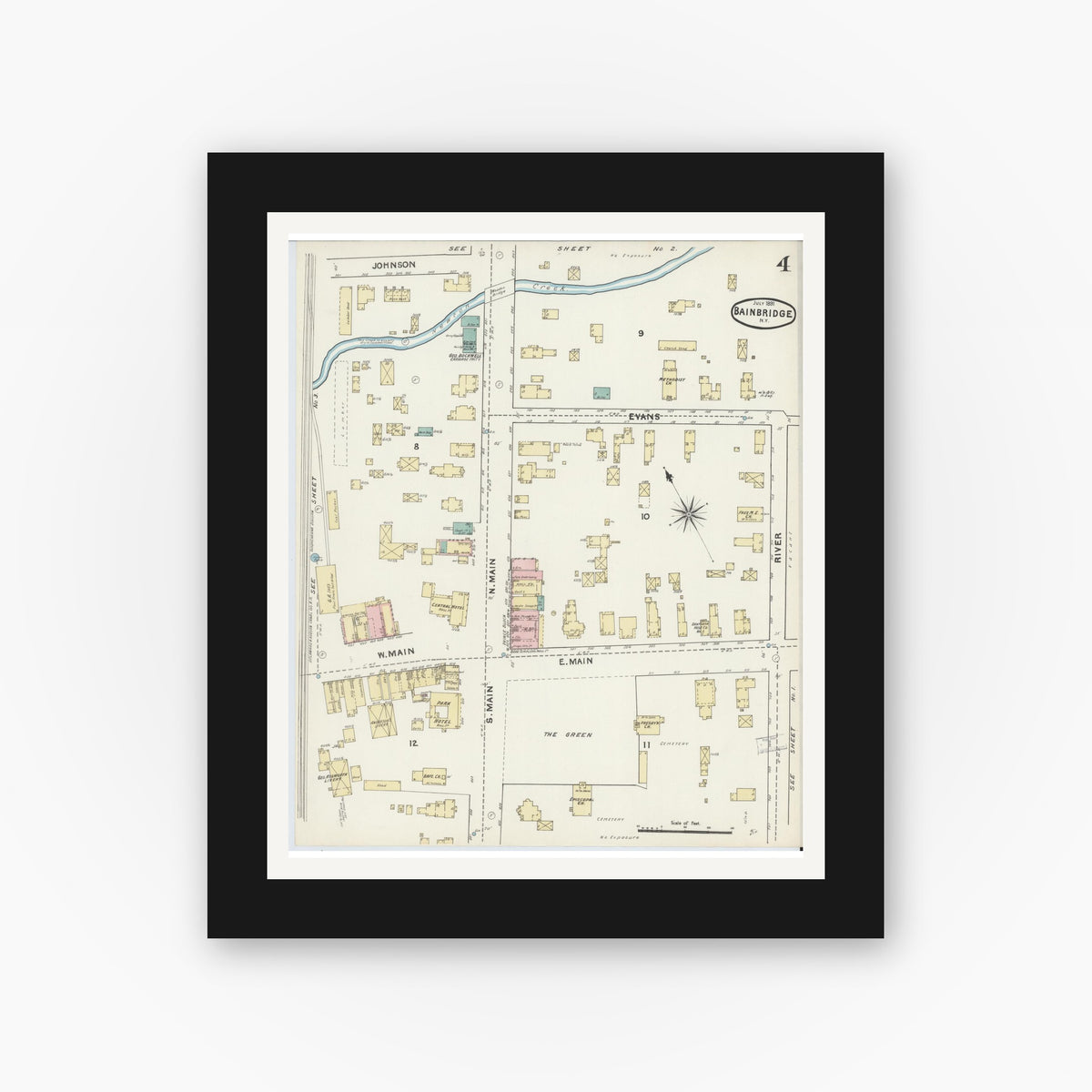 Old map wall art mockup — black gallery frame with white mat — Sanborn Fire Insurance Map from Bainbridge, Chenango County, New York (1891), Sheet #0004