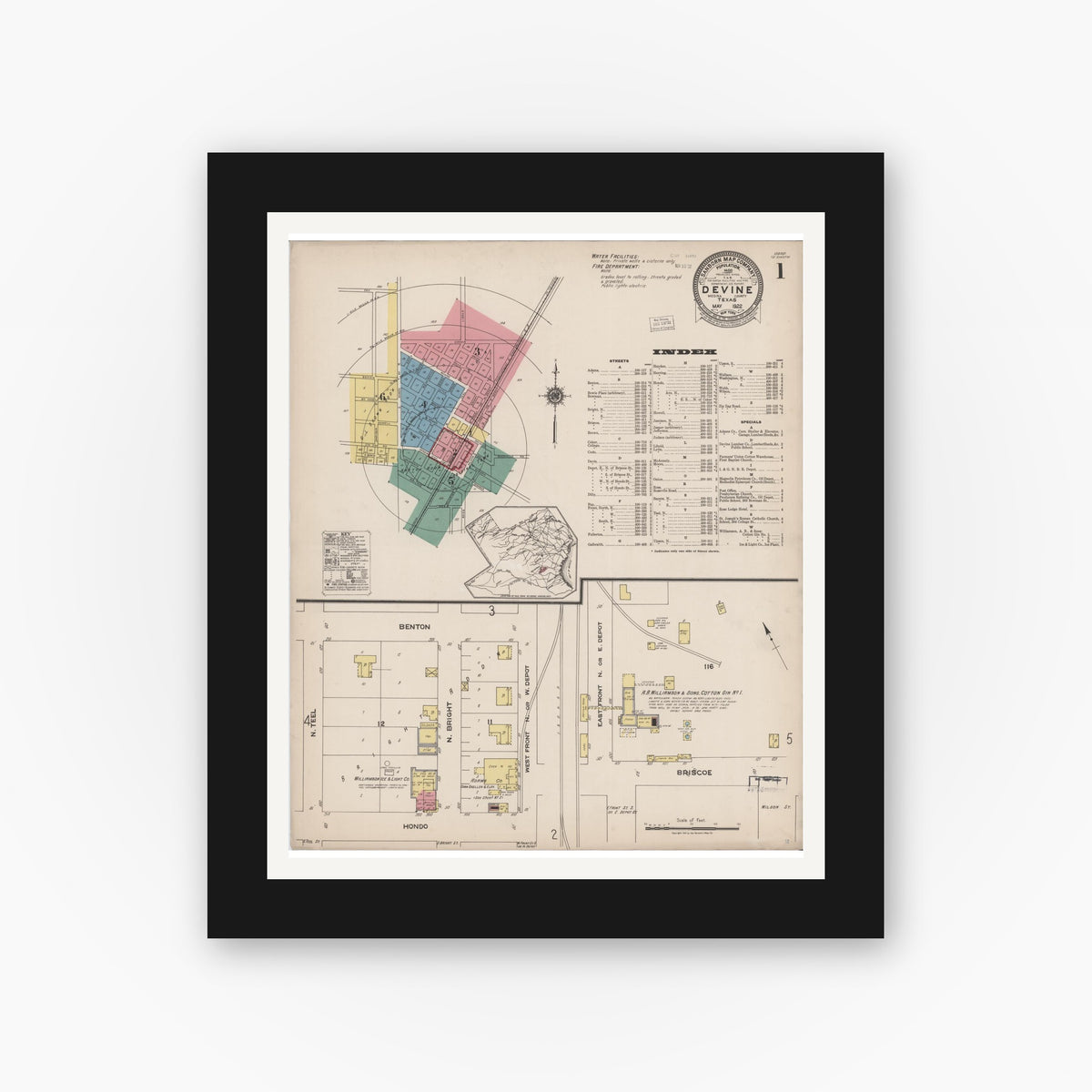 Old map wall art mockup — black gallery frame with white mat — Sanborn Fire Insurance Map from Devine, Medina County, Texas (1922) - Complete Map Set