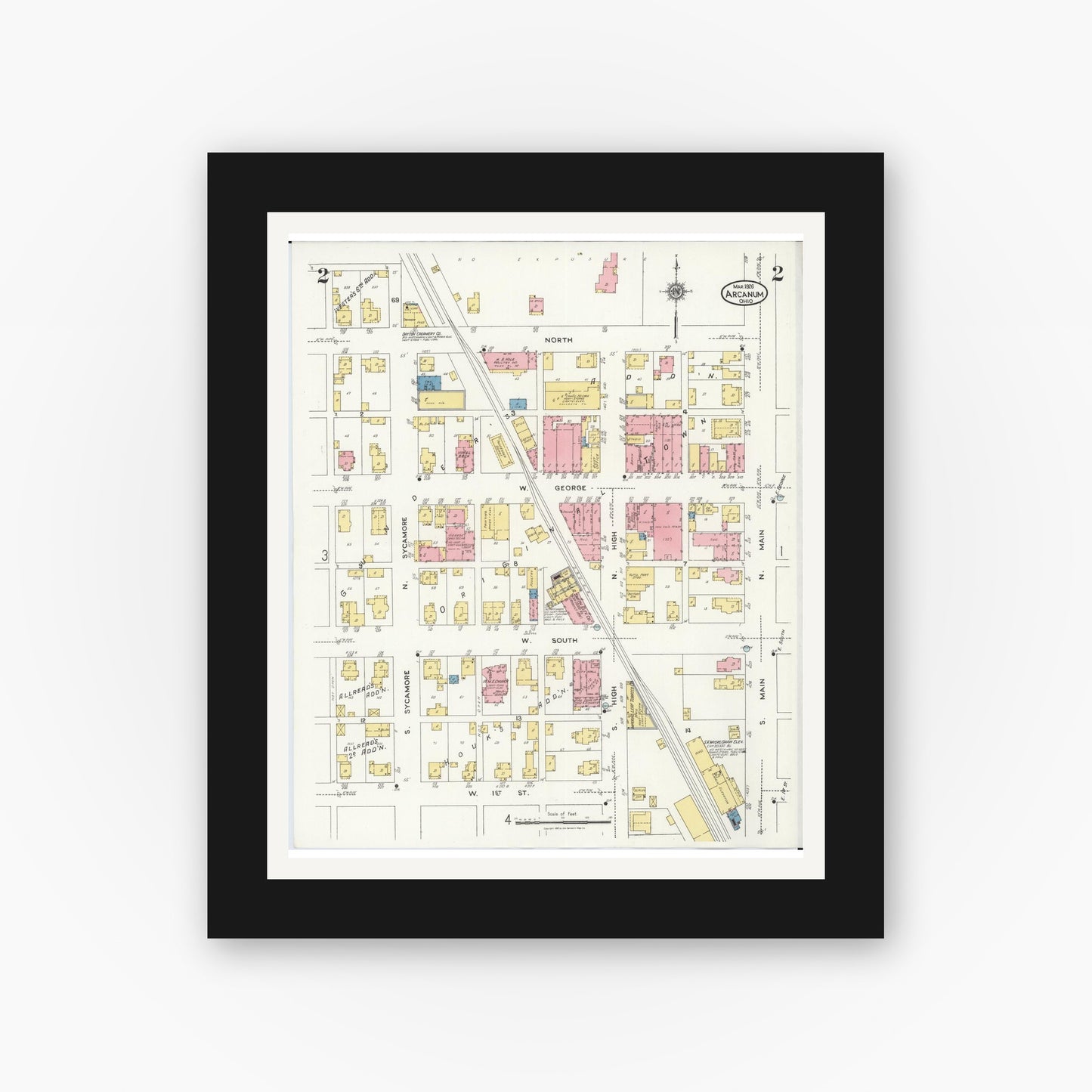 Old map wall art mockup — black gallery frame with white mat — Sanborn Fire Insurance Map from Arcanum, Darke County, Ohio (1926), Sheet #0002