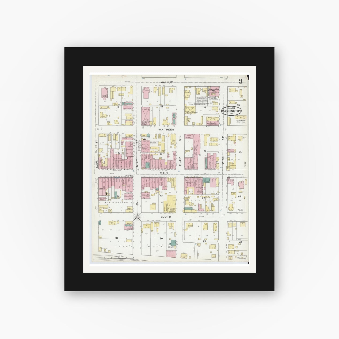 Old map wall art mockup — black gallery frame with white mat — Sanborn Fire Insurance Map from Washington, Daviess County, Indiana (1892), Sheet #0003